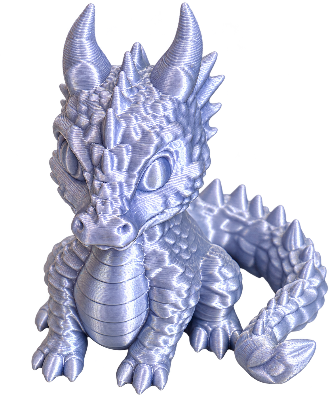 Pearlescent lavender 3D-printed baby dragon figurine with horns and a curled spiky tail